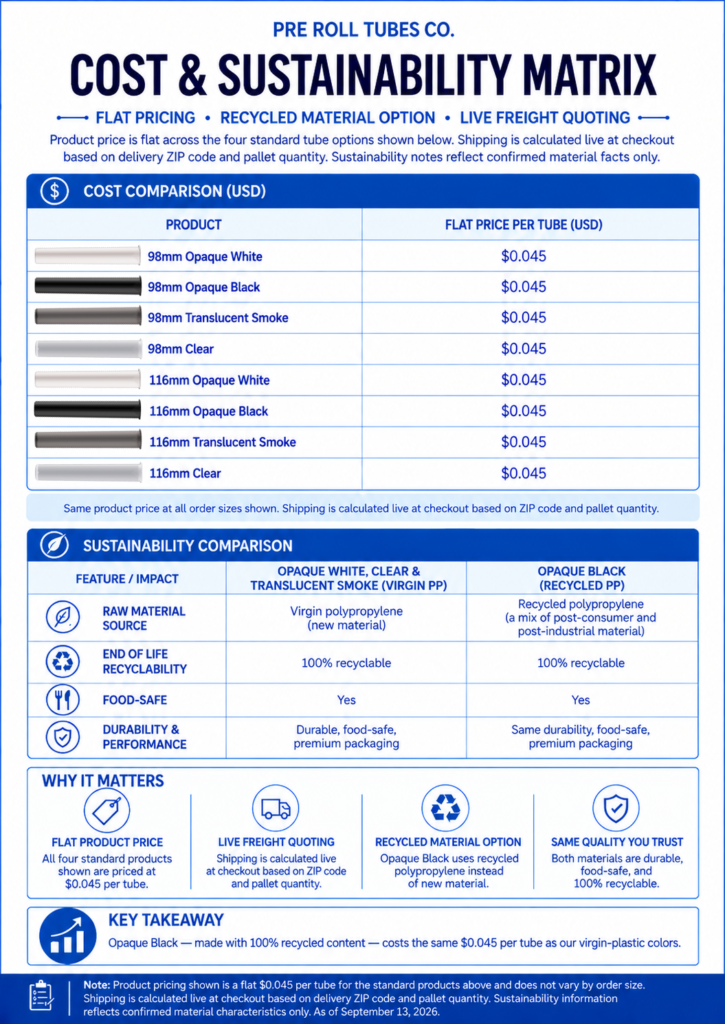 Comparison chart showing flat $0.045-per-tube pricing across all 98mm and 116mm tube colors, plus a sustainability breakdown of virgin vs. recycled polypropylene material.
