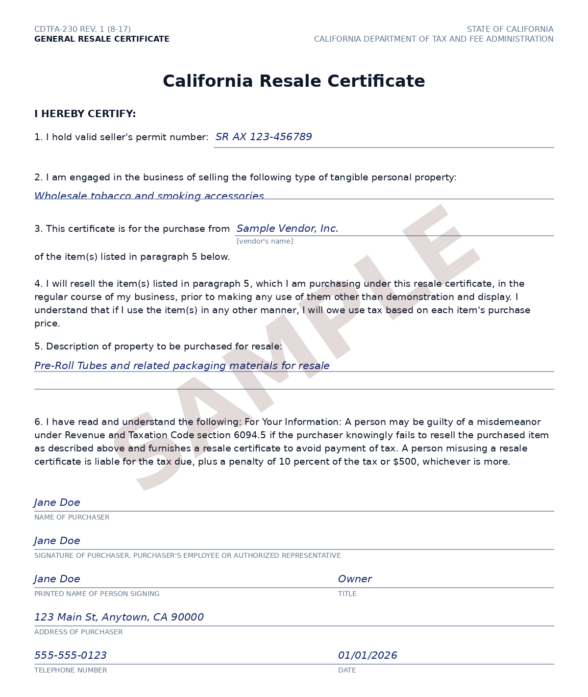California Resale Certificate (example)