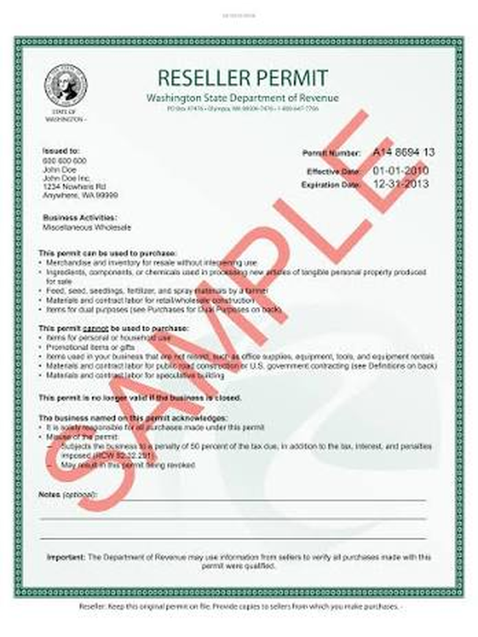 Washington Reseller Permit (example)